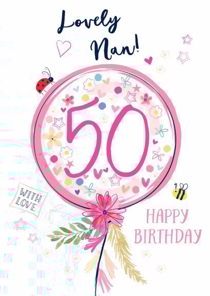 Pretty 50th Birthday balloon Card - for Nan - Classic - Floral created by Katie Phythian Design