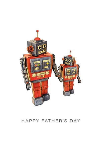 Retro Robot Father's Day Card – Cute Tin Toy Robot Dad & Child Illustration created by Yay Days