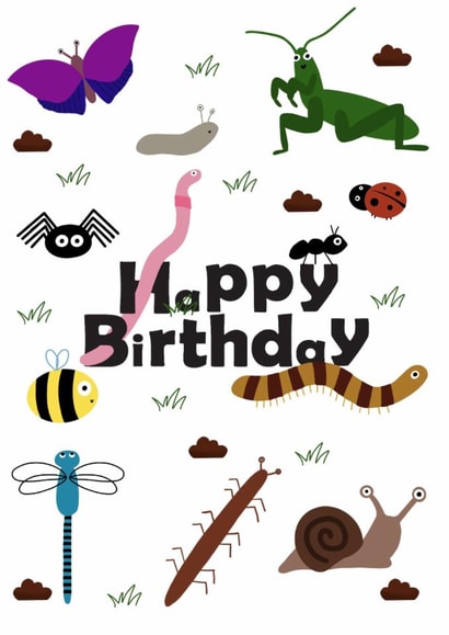 Whimsical birthday card of Creepy Crawlies for young explorers! created by Edel Harrington