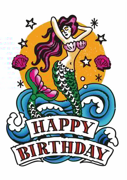 Arty Birthday Card - Retro Tattoo - Mermaid - For Her created by Stormy Knight