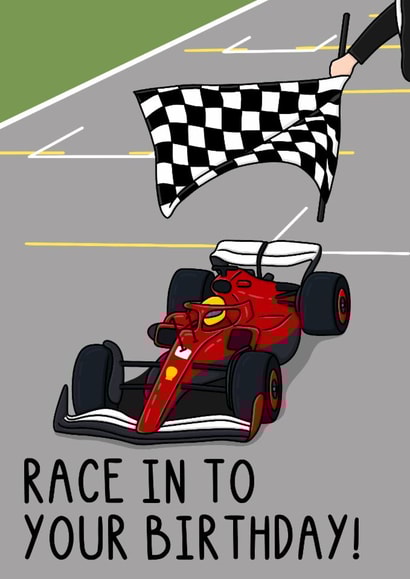 Punny Birthday Card - Race In To Your Birthday - Racing Car created by OhJaye