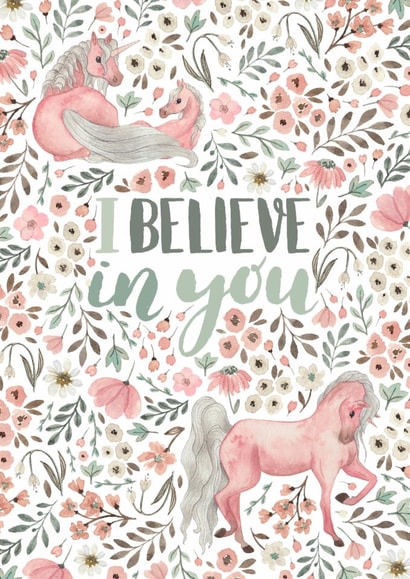Pink unicorn I believe in you card created by Elena O'Neill