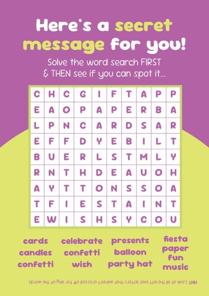 Puzzle Birthday Card - Word Search - Reveal Secret Happy Birthday Message created by Curiosity Unboxed