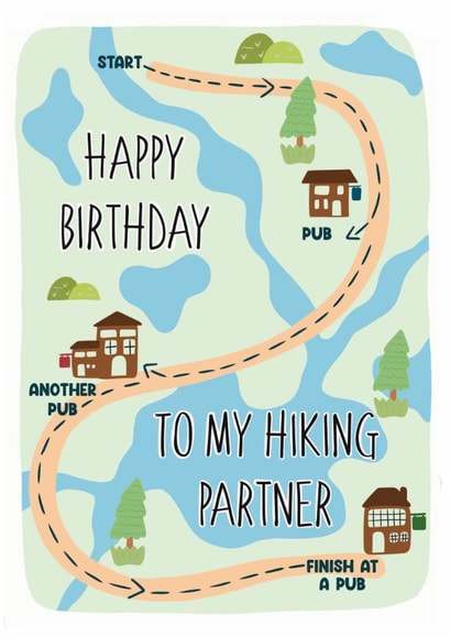 Fun Birthday Card - To My Hiking Partner - Map created by Stuck Shop Gifts
