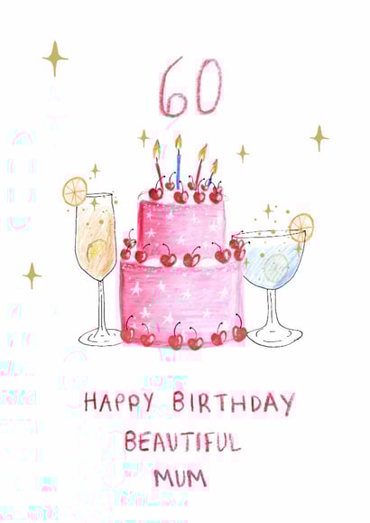 Classic Birthday Card - 60th - For Mum - Cake And Cocktails created by HCD Illustration
