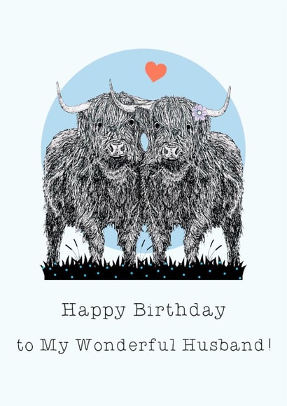 Cute Birthday Card - For Husband - Highland Cows created by Beth Higgins Art