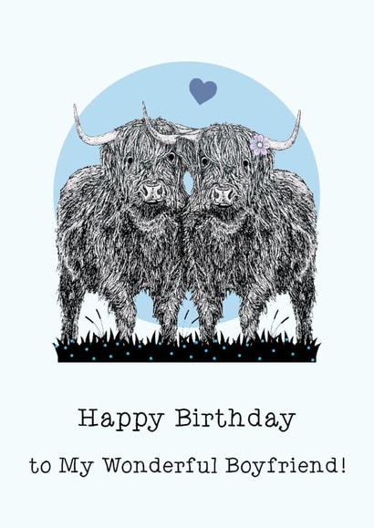 Cute Birthday Card - Wonderful Boyfriend - Highland Cows created by Beth Higgins Art