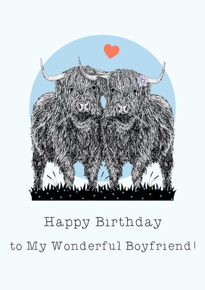 Cute Birthday Card - Wonderful Boyfriend - Highland Cows created by Beth Higgins Art