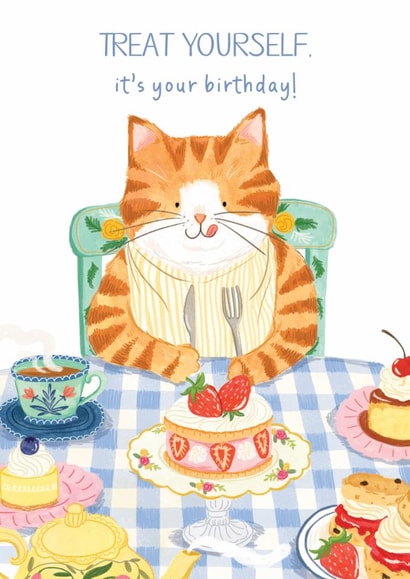 Cute Birthday Card - Cat Eating Cake - Treat Yourself created by Frankie Norman