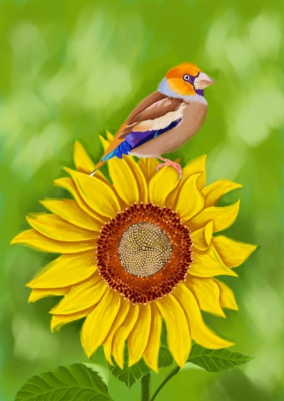 Arty Birthday Card - Bird - Sunflower created by Sharonflemingart