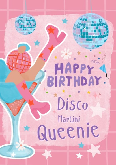 Arty Birthday Card - For Her - Disco Martini Queenie created by original fox designs