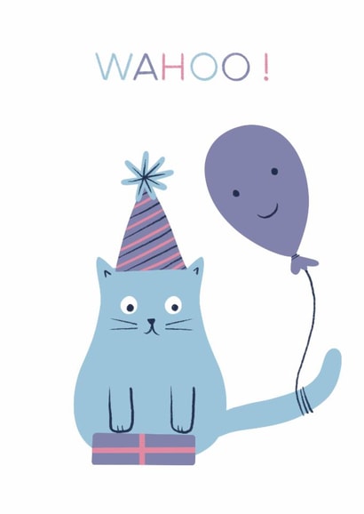 Funny Cute Blue Cat Birthday Card for Friend “Wahoo!” Kitten Card created by @SarahPriceDesigns