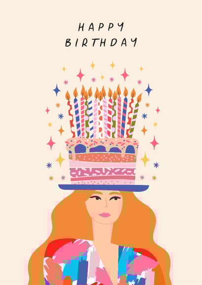 Arty Birthday Card - For Her - Cake Hat & Candles created by Sad Girl Illustration