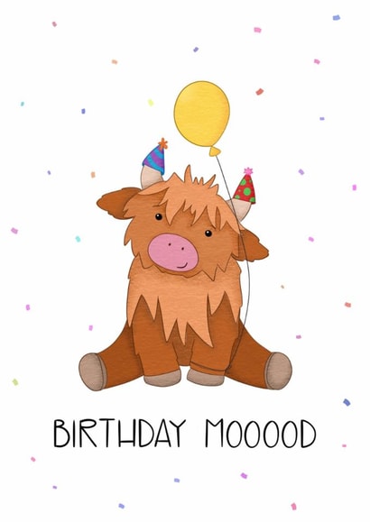 Cute Birthday Card - Birthday Mooood - Highland Cow created by Doris Dishcloth