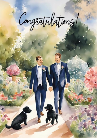 Gay Wedding Card – Watercolour Two Grooms & Dogs – Congratulations created by Poppabelles