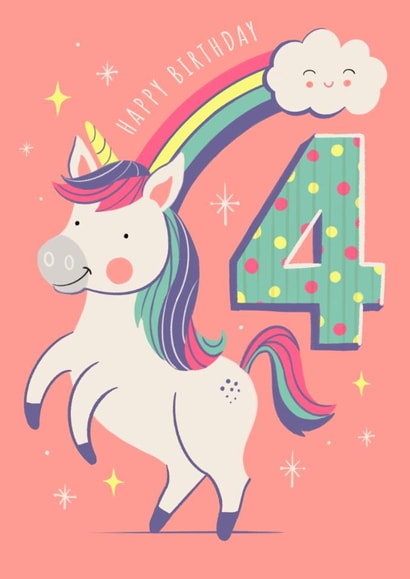 Cute 4th Birthday Card - For kids - Unicorn - Rainbow created by Dalia Clark Design