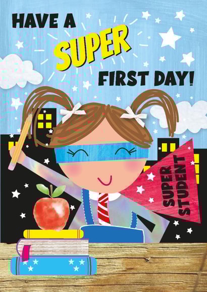 Cute God Luck Card - First Day Of School - Superhero created by Alexia Mickleburgh