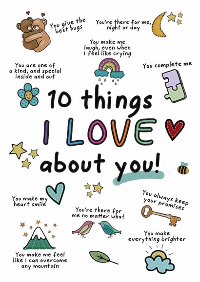Cute Love & Friendship Card - 10 Things I Love About You - Illustrations created by And You Can Quote Me