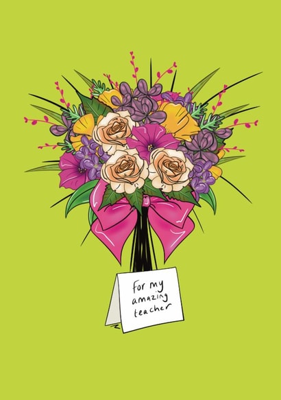 Pretty Thank You Teacher Card - For My Amazing Teacher - bouquet of flowers created by Rixon Design