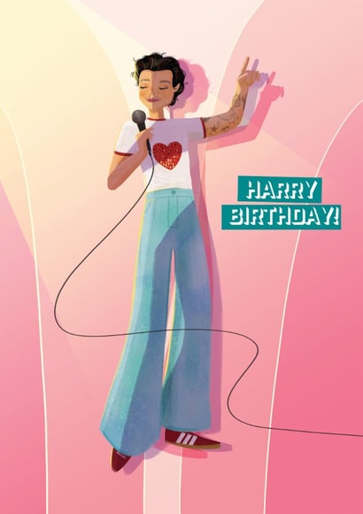 Happy Birthday colourful greetings card featuring Harry Styles Harry Birthday! created by Maxine Lee-Mackie