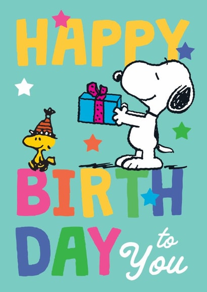 Cute Kids Birthday Card – Snoopy Gift Surprise with Woodstock created by Danilo
