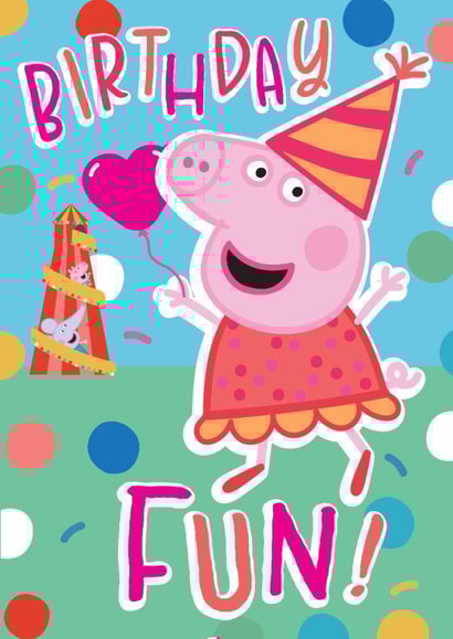 Cute Kids Birthday Card – Peppa Pig with Balloon and Helter Skelter created by Danilo