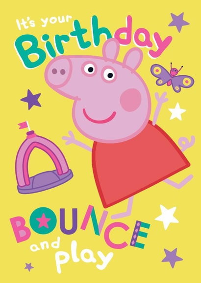 Cute Kids Birthday Card – Peppa Pig with Bouncy Castle and Butterfly created by Danilo