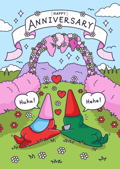 Cute Anniversary Card - Garden Gnomes In Love - Flowers created by Cheeky Legends
