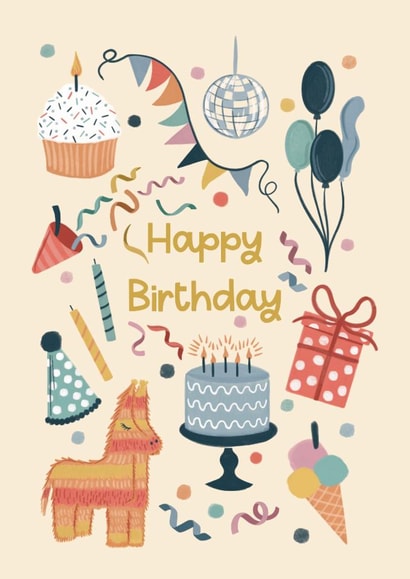 Classic Birthday Card - Piñata - Presents - Balloons created by Holly Hudson-Smith