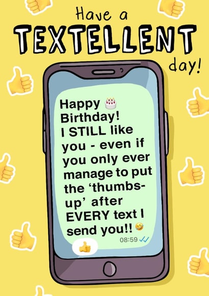 Birthday texting humour card. created by Emma Proctor