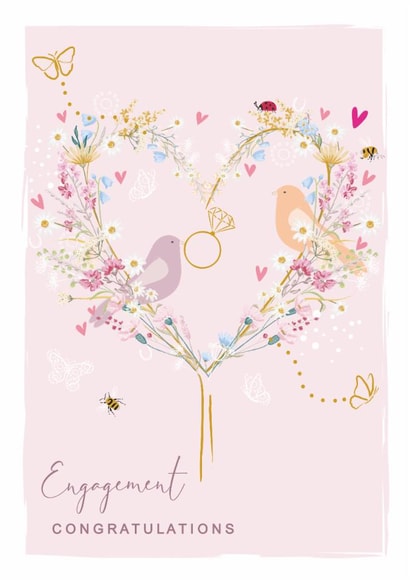 Classic Engagement Card - Cute Floral Love Heart Tree - Bees and Bird with Engagement Ring created by SABIVO Design by Sabina