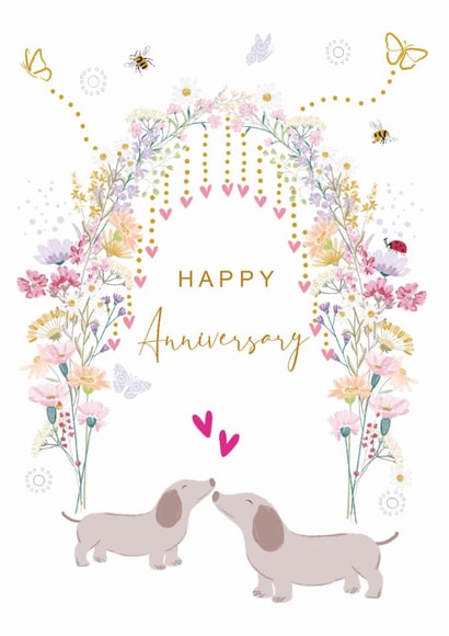 Cute Anniversary Dog Card - Dachshunds under Floral Arch with Lovehearts and Bee created by SABIVO Design by Sabina
