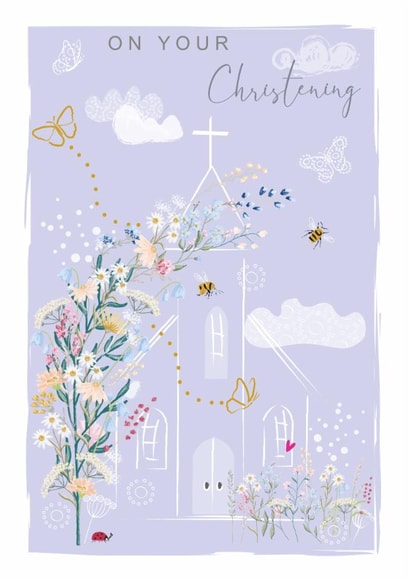 Pretty Christening Floral Church Card - Meadow Flowers Bees and Ladybird - Daisy created by SABIVO Design by Sabina