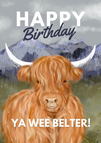 Cute Birthday Card - Highland Cow - Wee Belter created by Hello Fridays Studio