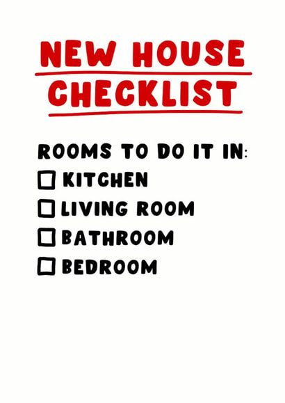 Cheeky New Home Card - Checklist - Rooms To Do It In created by Pink Peach Cards