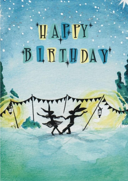 Cute and happy dancing rabbit birthday card for friends and loved ones. created by Lisa Hand Illustration