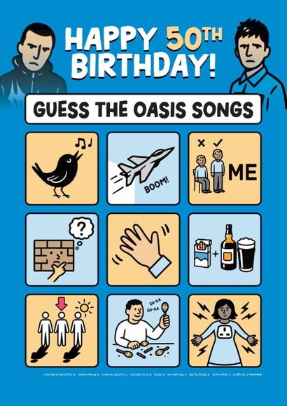 Fun 50th Birthday Card - Guess The Oasis Songs - Oasis created by Daniel Benney