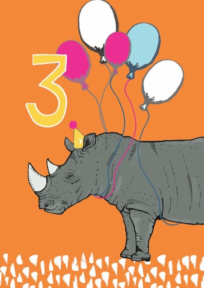 Cute 3rd Birthday Card - Rhino - Balloons created by martha and hepsie ltd