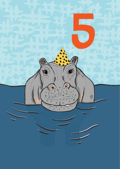 Cute 5th Birthday Card - Hippo - Party Hat created by martha and hepsie ltd