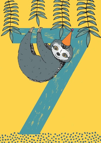 Cute 7th Birthday Card - Sloth - Party Hat created by martha and hepsie ltd