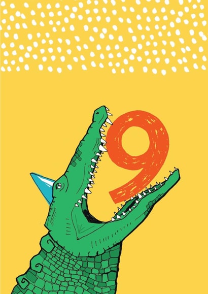 Cute 9th Birthday Card - Crocodile - Party Hat created by martha and hepsie ltd