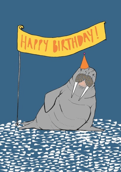 Cute Birthday Card - Walrus - Party Hat created by martha and hepsie ltd