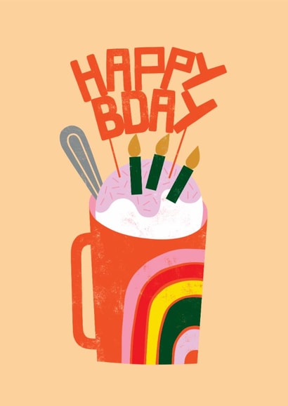 Arty Birthday Card – Kate Smith Co. - Retro Rainbow Mug with Whipped Cream & Candles created by Danilo