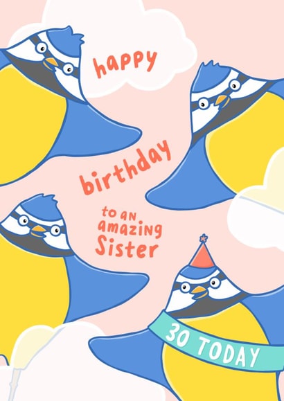 Cute 30th Birthday Card - For Sister - Birds - Blue Tits created by Fliss Muir