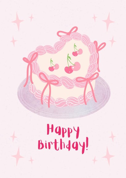 Cute pink coquette cherry ribbon bow cake happy birthday card 🎀 created by Hunter Of The Wild