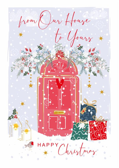Classic Christmas Card - From Our House to Yours - Red Door Robin and Presents created by SABIVO Design by Sabina