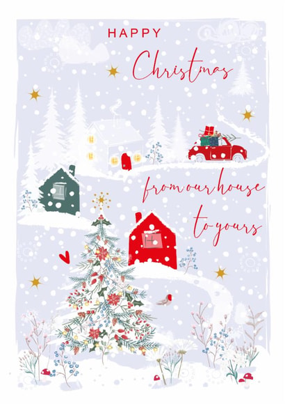 Classic Christmas Card - From Our House To Yours - Festive Red Car with ...