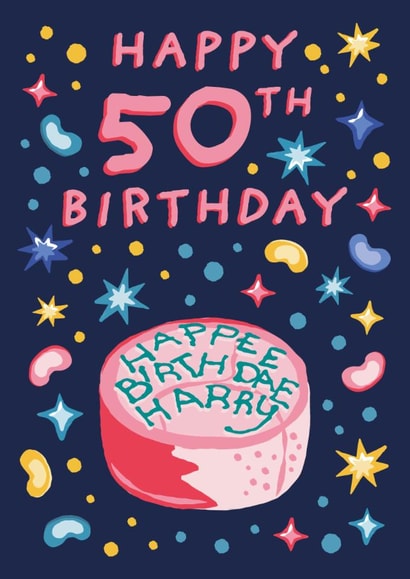 Funny 50th Birthday Card - Harry Potter - Hagrid Birthday Cake 'Happee Birthday Harry' created by Cardology