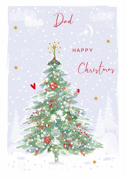 Classic Christmas Tree Card - For Dad - Red Berries Winter Flowers and Robin created by SABIVO Design by Sabina