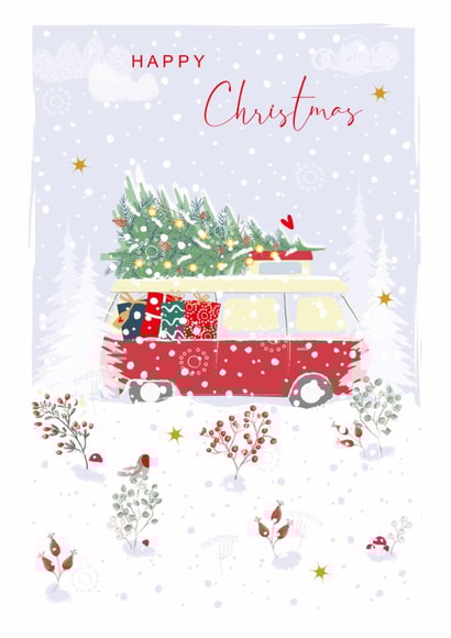 Classic Christmas Card - Red Campervan with Christmas Tree -Presents and Robin created by SABIVO Design by Sabina